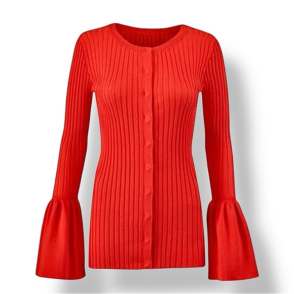CAbi Red Ribbed Bell Sleeve Sweater - Picture 1 of 13